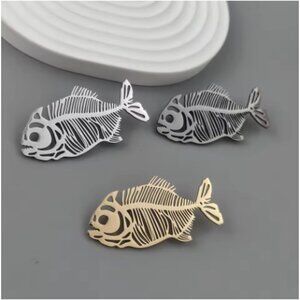 Punk Fish Bone Brooch Stainless Steel Gold Silver Black Suit Pin Jewelry - NEW
